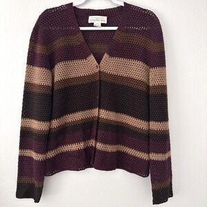 Jones New York -L/G Hand Knit 100% Linen Cardigan Sweater Striped Vintage‎ 90s
